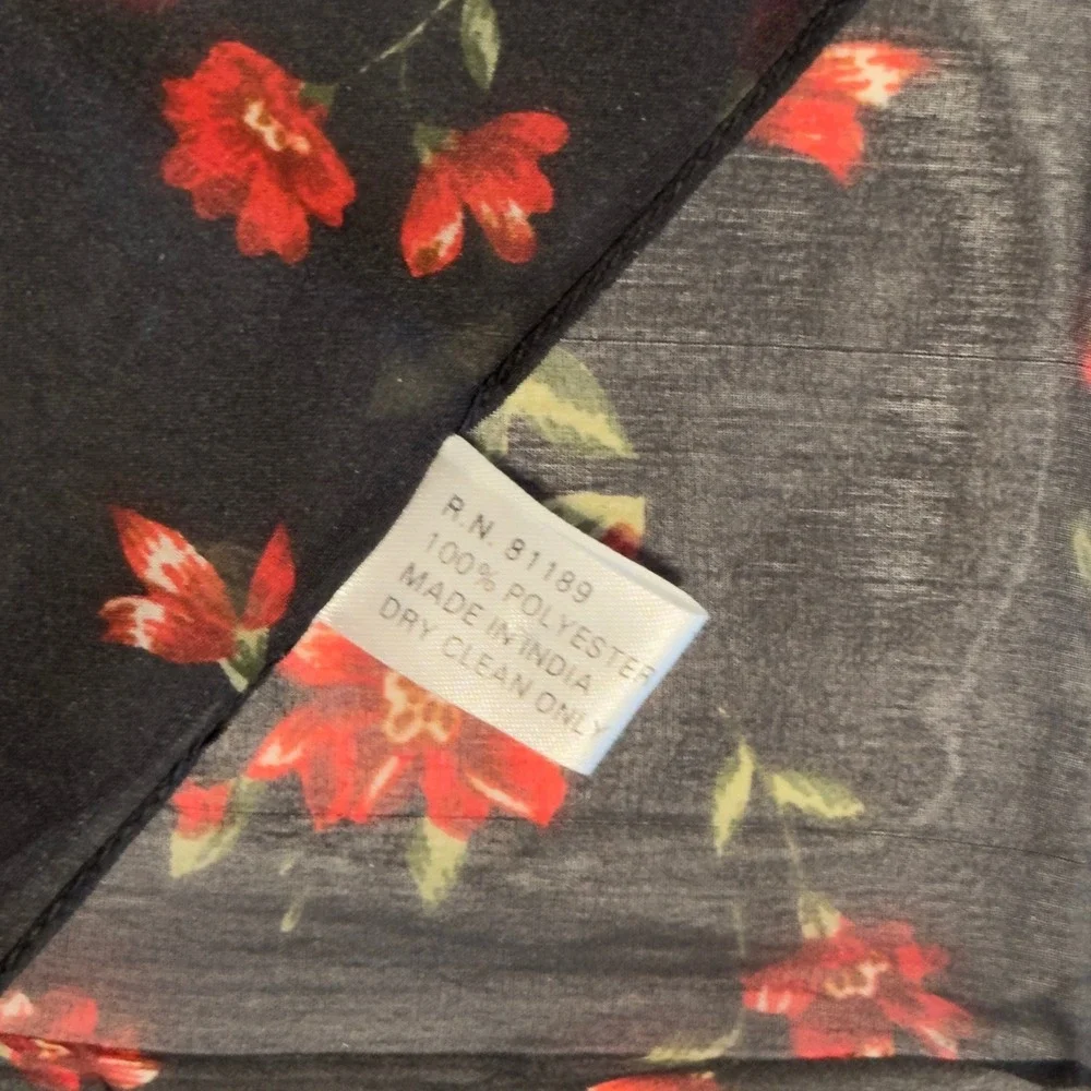 Floral Sheer Square Scarf Black Red Rose Print Lightweight India Cottagecore VTG